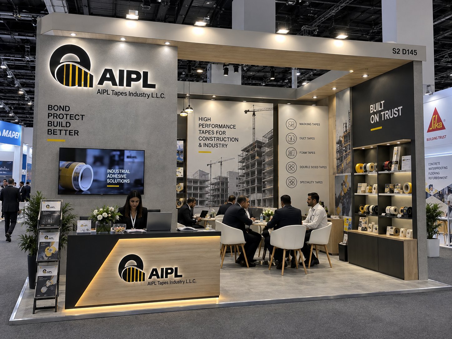 AIPL Tapes Industry custom exhibition stall with illuminated reception by Novus Studios