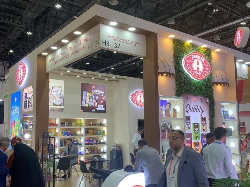 Akanlar Chocolate custom island exhibition stall designed and fabricated by Novus Studios, Dubai