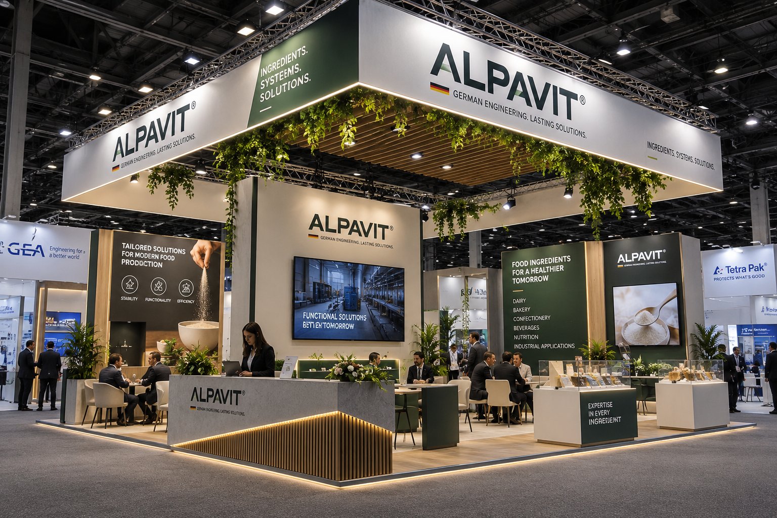 ALPAVIT large custom exhibition stall with suspended greenery canopy by Novus Studios