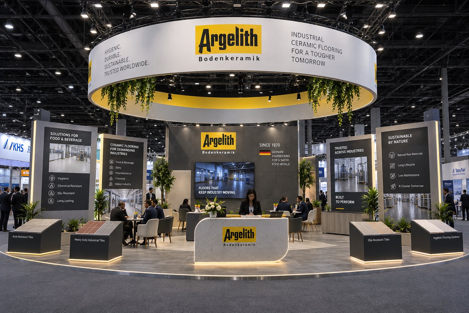 Argelith Bodenkeramik brand pavilion with circular illuminated canopy by Novus Studios