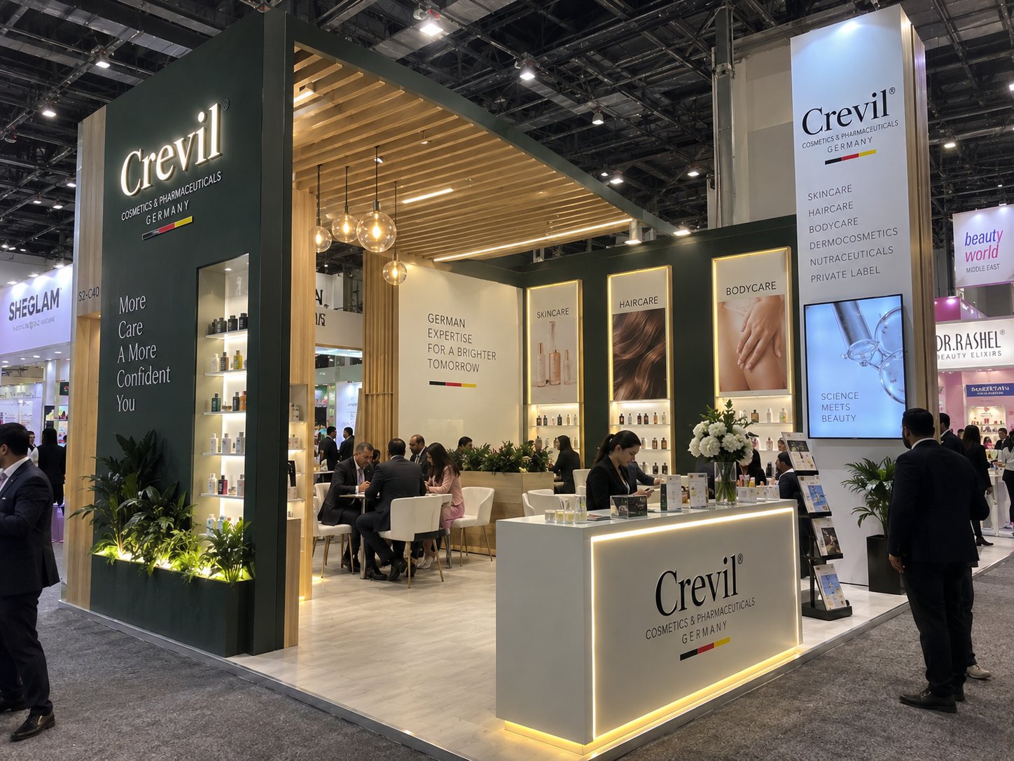Crevil Cosmetics and Pharmaceuticals custom exhibition stall in emerald and timber by Novus Studios