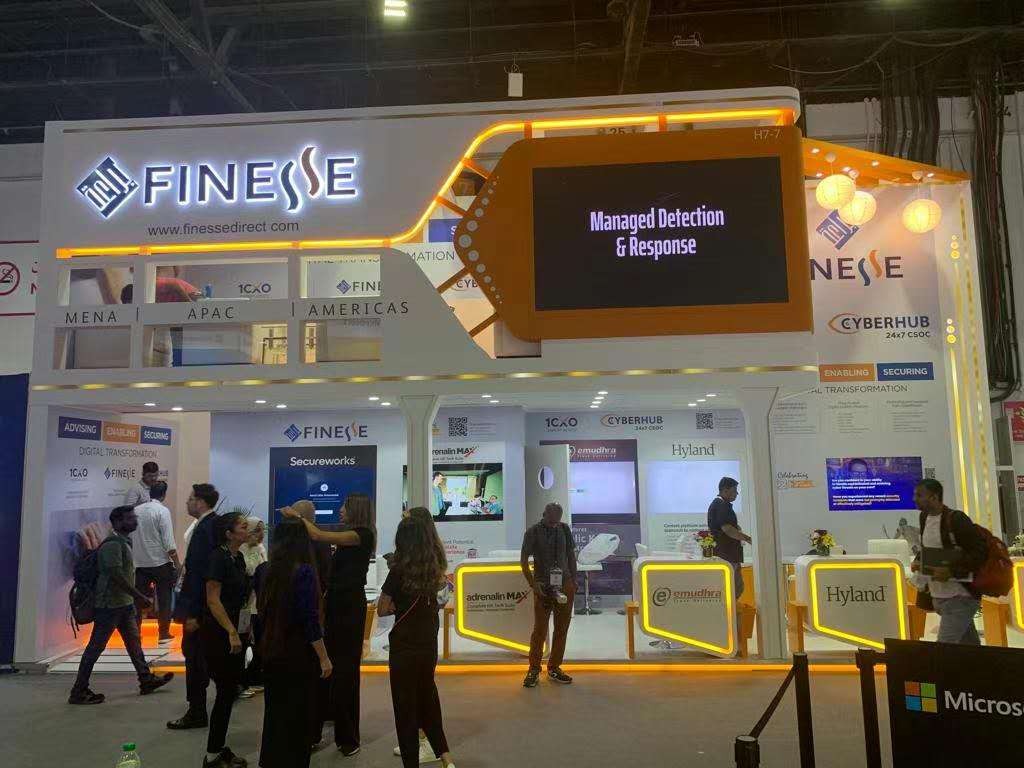 Finesse double-decker custom exhibition stall designed and fabricated by Novus Studios, Dubai