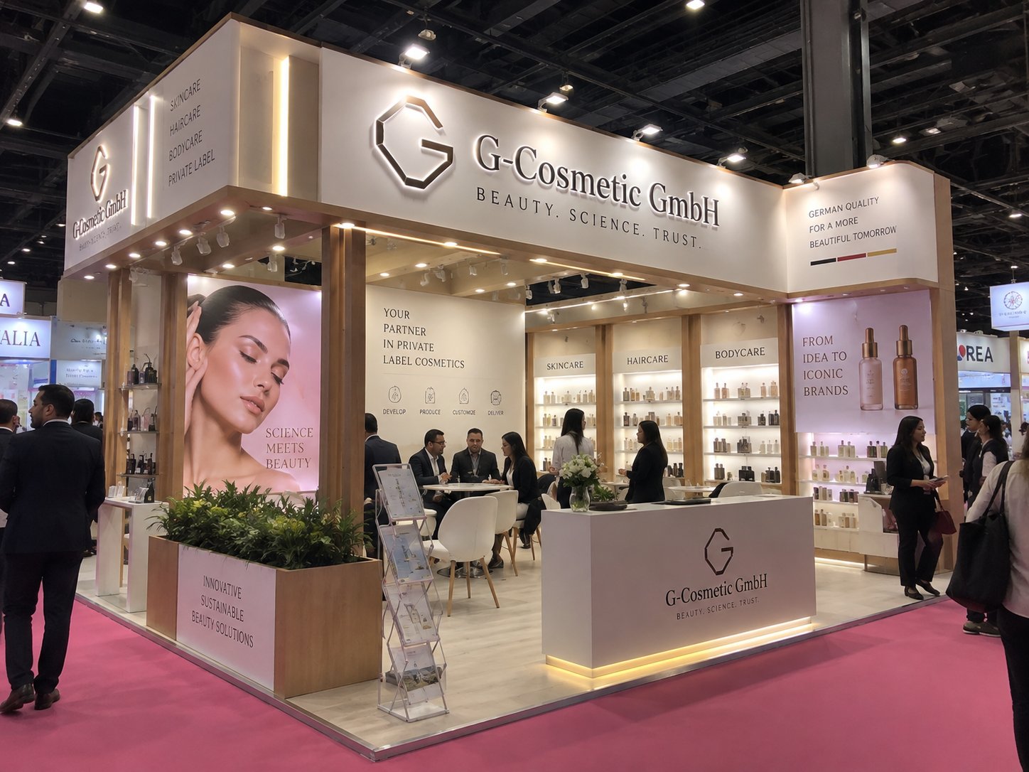 G-Cosmetic GmbH custom exhibition stall with product display walls by Novus Studios