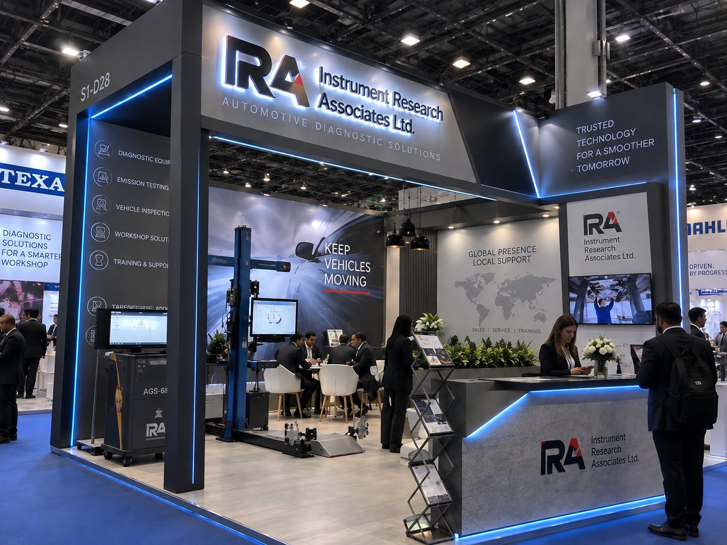 Instrument Research Associates custom exhibition stall with LED-lit architecture by Novus Studios