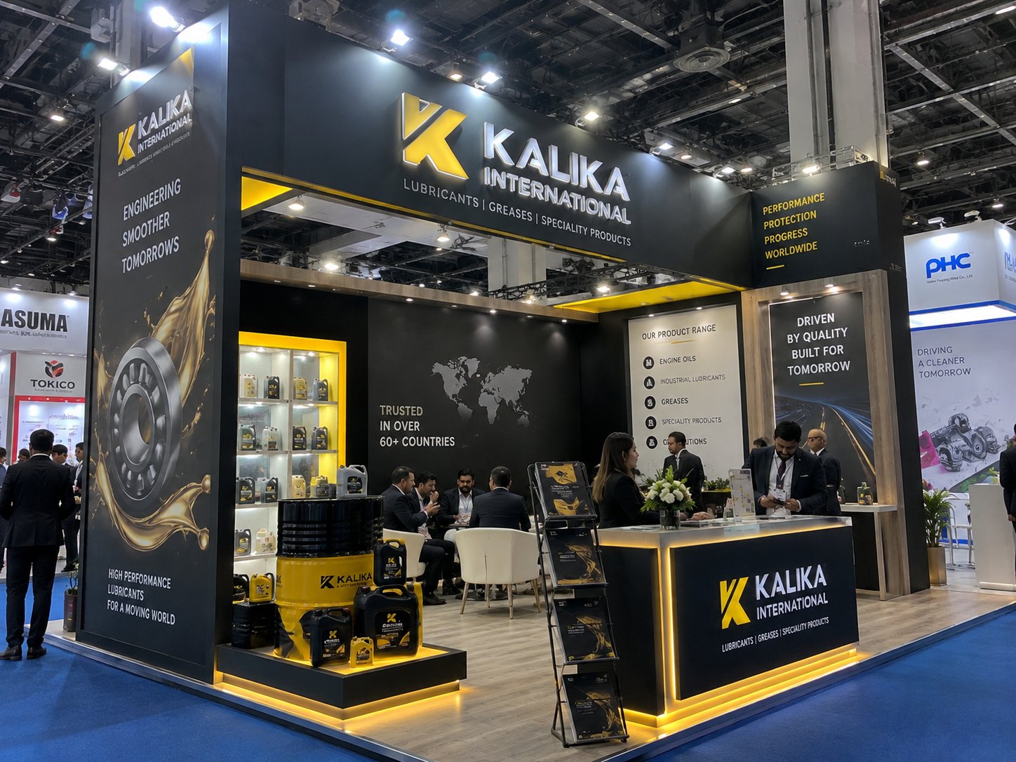 Kalika International custom exhibition stall with product display and illuminated reception by Novus Studios