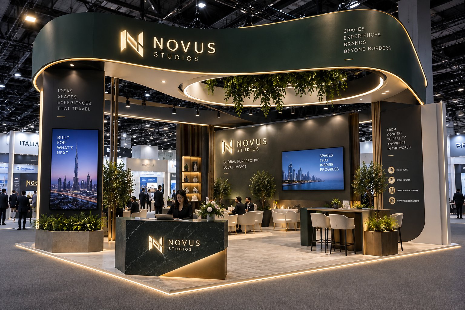 Novus Studios signature emerald exhibition stall design with illuminated canopy and marble reception