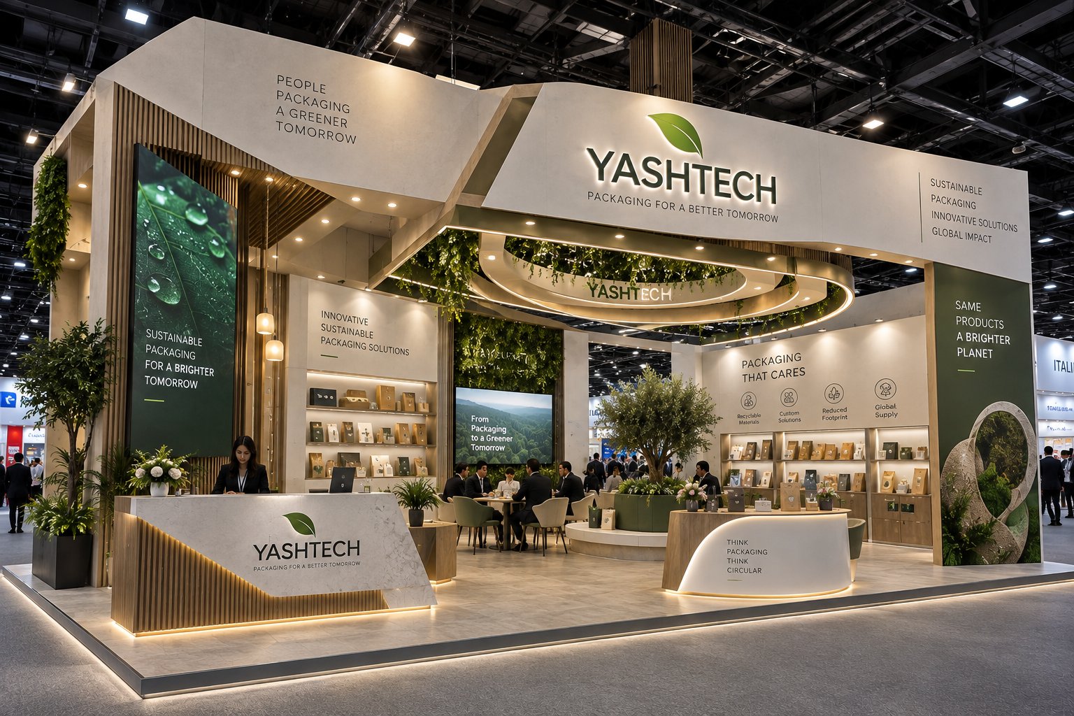 YASHTECH sustainable packaging exhibition pavilion with illuminated canopy and greenery by Novus Studios