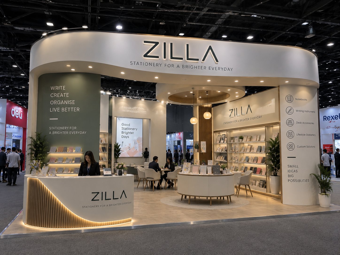 ZILLA custom exhibition stall with curved architecture and illuminated product displays by Novus Studios