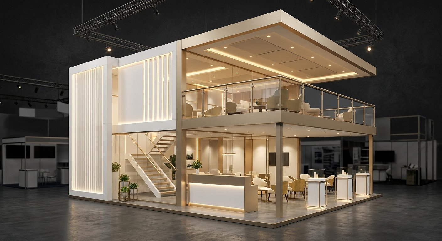 Premium double-decker exhibition stall design in champagne and white — Novus Studios services, exhibition stand design Dubai